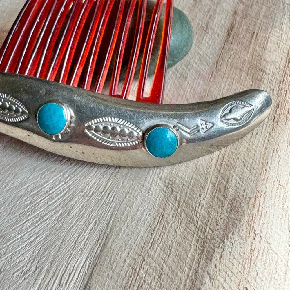 Vintage Navajo Sterling Silver & Turquoise Hair Comb - Picture 8 of 9